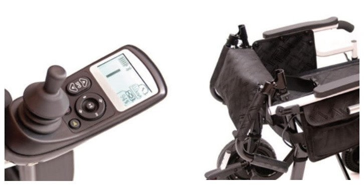 Elektroniczna wózek inwalidzki z panelami sterowania i składanym siedziskiem.