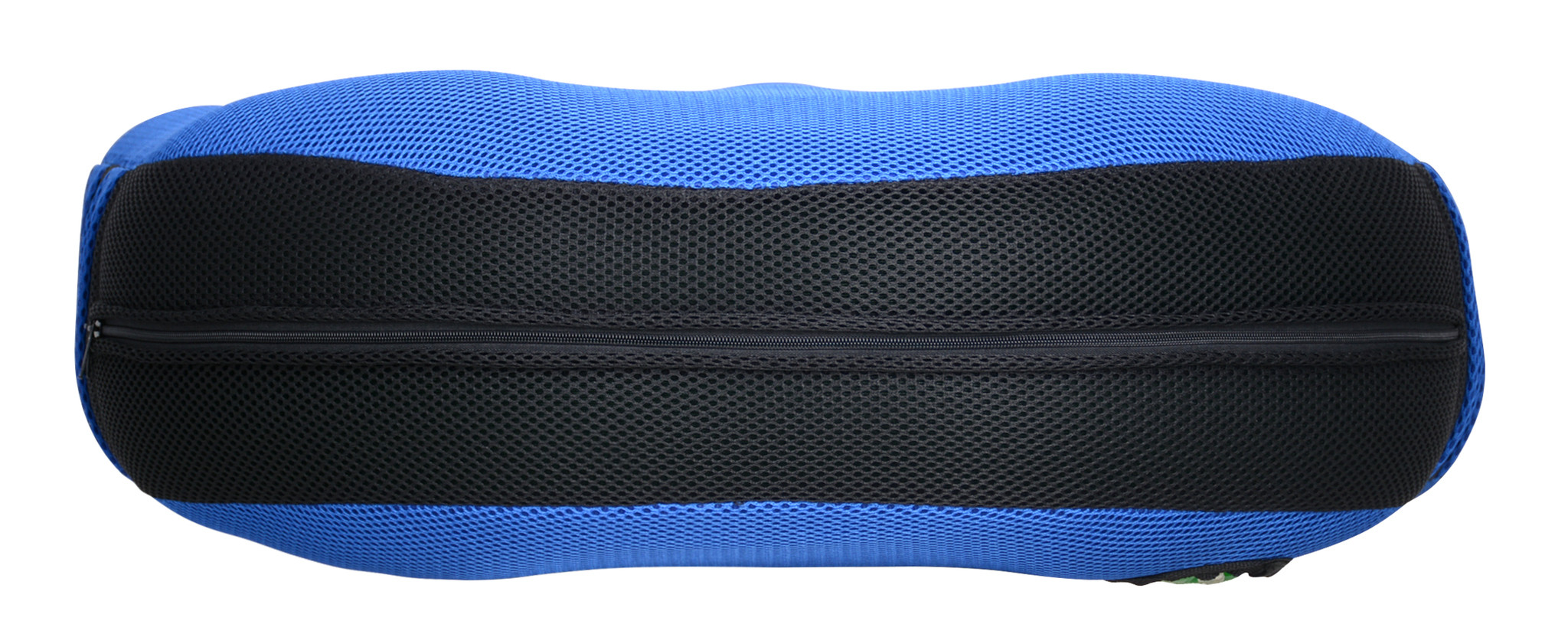 Pojemnik na buty z czarnym zamkiem, pokryty niebieską i czarną siateczką, z wyściełanym wnętrzem.