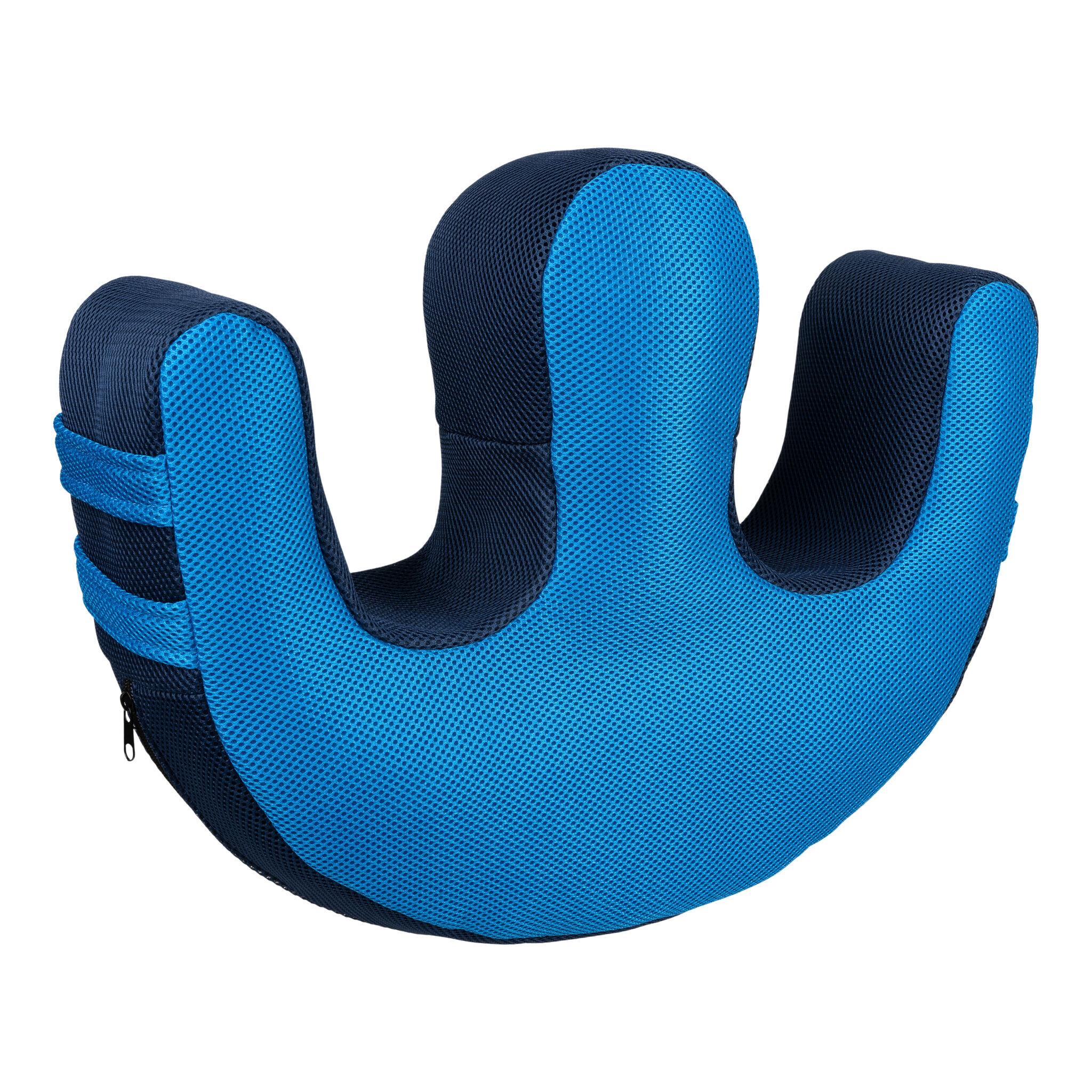 Poduszka ortopedyczna na kręgosłup szyjny w kolorze niebiesko-czarnym, z wyprofilowanym kształtem i zapięciem na zamek.