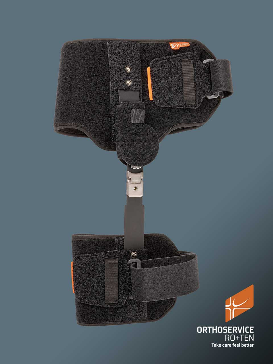 Orteza na ramię i przedramię z czarnym materiałem, regulowanymi paskami i metalowym elementem, logo ORTHOSERVICE RO+TEN.