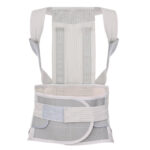 Orteza lędźwiowa z pasem i szelkami, wykonana z siateczkowego materiału, zapewniająca stabilizację kręgosłupa.