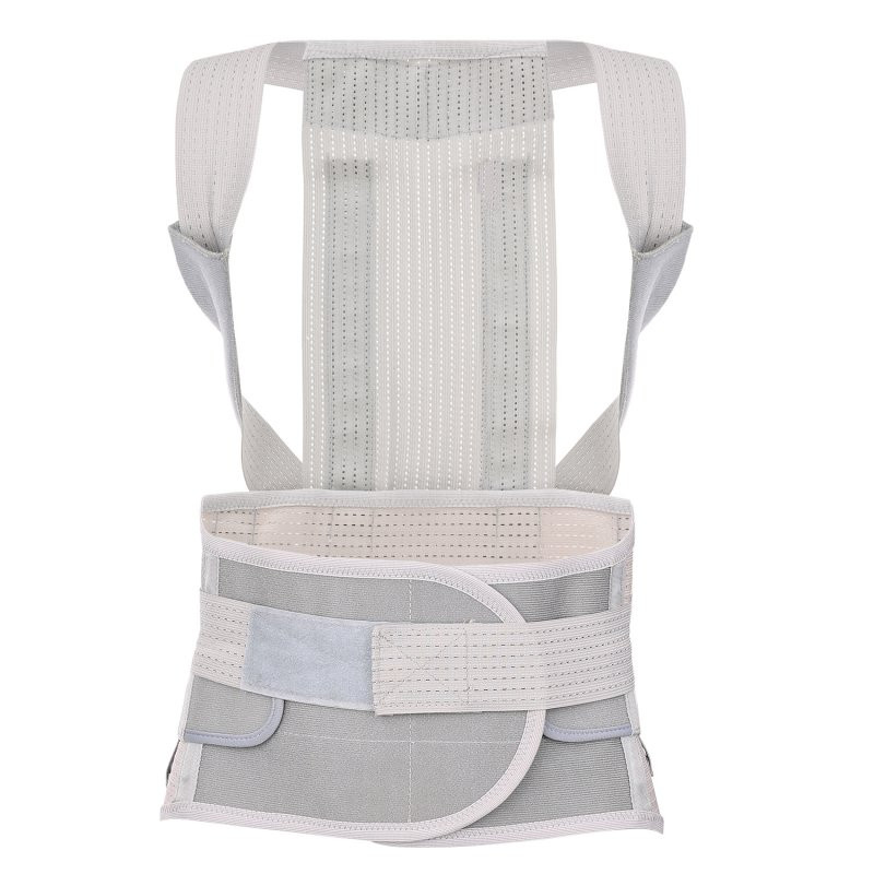 Orteza lędźwiowa z pasem i szelkami, wykonana z siateczkowego materiału, zapewniająca stabilizację kręgosłupa.