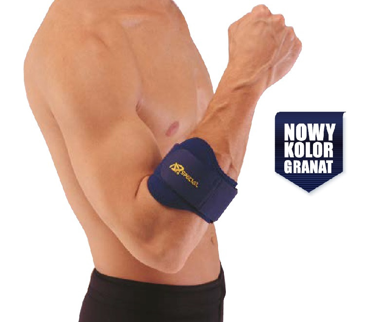 Mężczyzna z uniesionym ramieniem, na którym znajduje się opaska sportowa, i napis Nowy kolor granat.