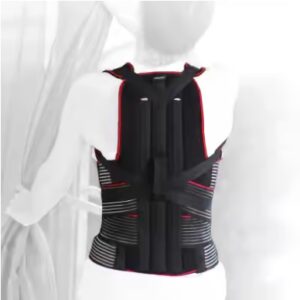 Czarna kamizelka z czerwonymi i białymi paskami, wyłożona na białym tle, z zamkami i regulowanymi paskami.