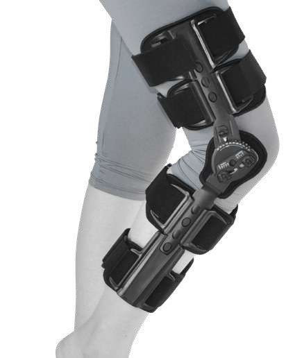 Orteza na nodze z czterema regulowanymi paskami i mechanizmem do ustawiania kąta.
