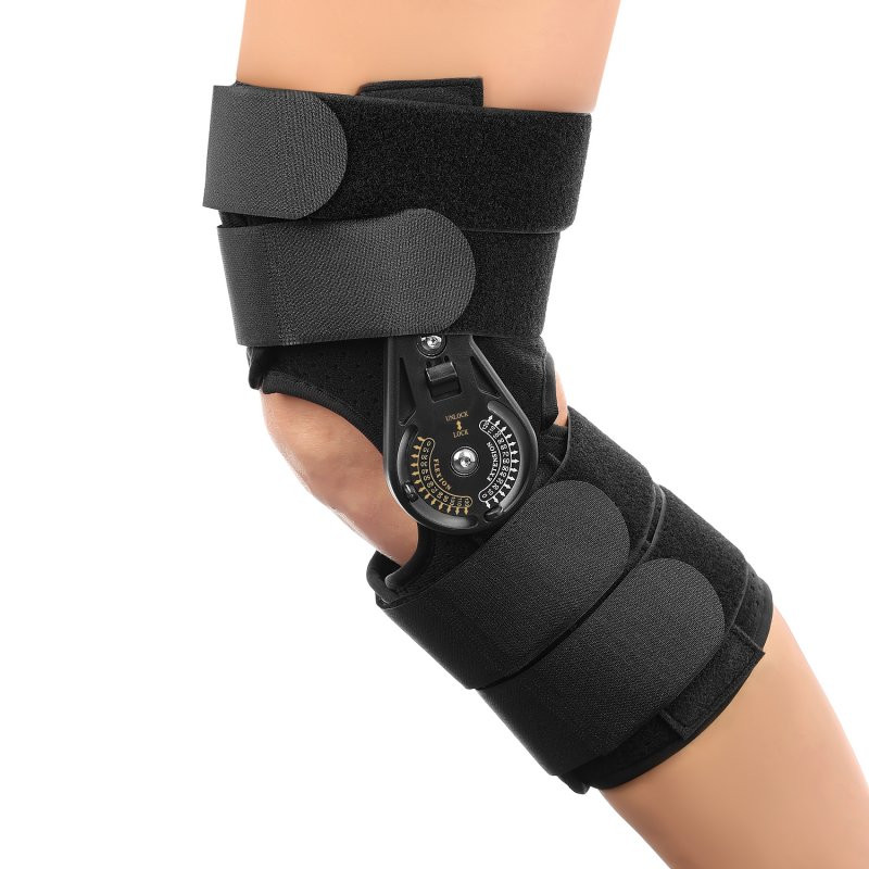 Orteza na nodze z regulatorem i szerokimi pasami, zapewniająca stabilizację i wsparcie.