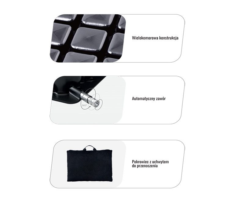Wielokomorowa konstrukcja, automatyczny zawór z obrotem 360°, pokrowiec z uchwytem do przenoszenia.