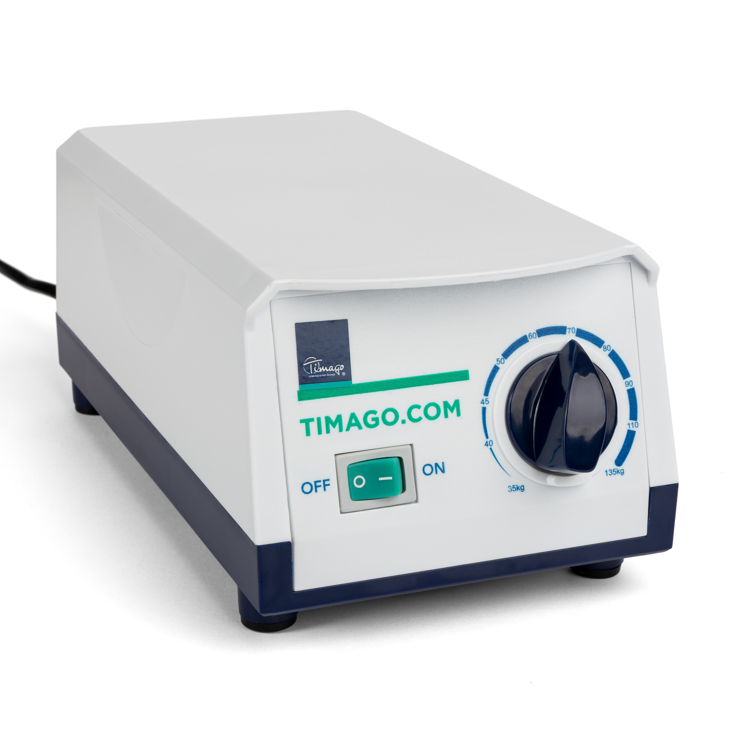 Laboratoryjny urządzenie z pokrętłem i włącznikiem, z napisem TIMAGO.COM, używane do precyzyjnych ustawień temperatury