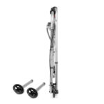 Składany aluminiowy wózek inwalidzki z czterema kołami, złożony i ustawiony pionowo na białym tle.