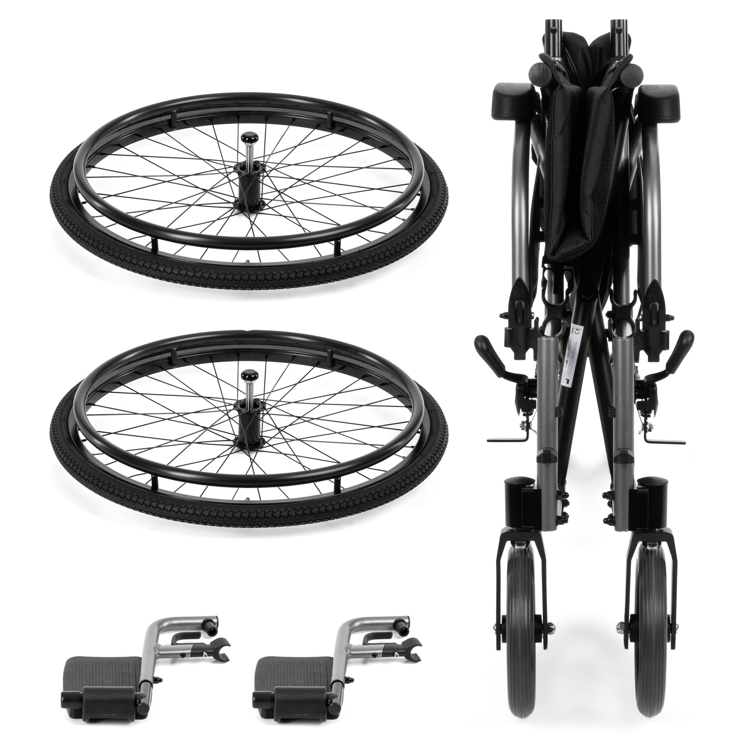 Składany wózek inwalidzki z dwoma kołami i pedałami, widoczny od przodu, na białym tle.