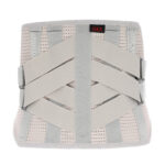 Orteza na plecy z szerokimi pasami i metalowymi klamrami, w kolorze beżowym, z czarną i czerwoną metką.