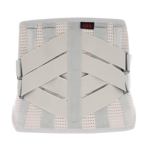 Orteza na plecy z szerokimi pasami i metalowymi klamrami, w kolorze beżowym, z czarną i czerwoną metką.