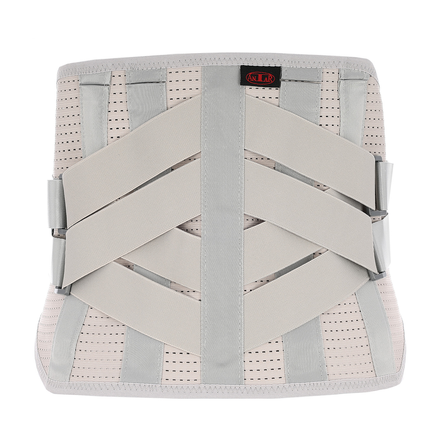 Orteza na plecy z szerokimi pasami i metalowymi klamrami, w kolorze beżowym, z czarną i czerwoną metką.