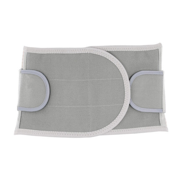 Pas ortopedyczny z szerokimi taśmami mocującymi, w kolorze szarym i białym, przeznaczony do stabilizacji kręgosłupa.