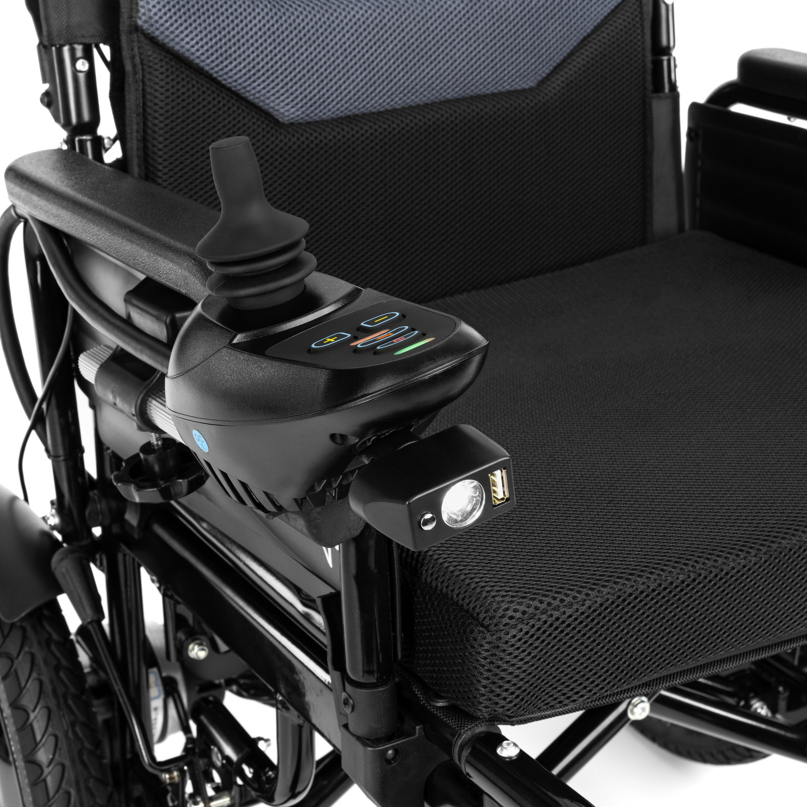 Elektroniczna kontrola i joystick na ramie w wózku inwalidzkim.