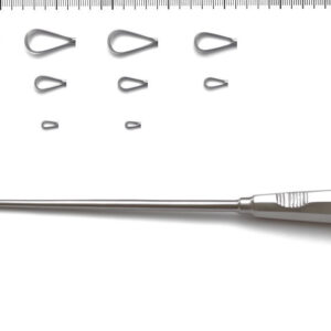Zestaw narzędzi chirurgicznych z metalowym narzędziem i sześcioma różnej wielkości haczykami.