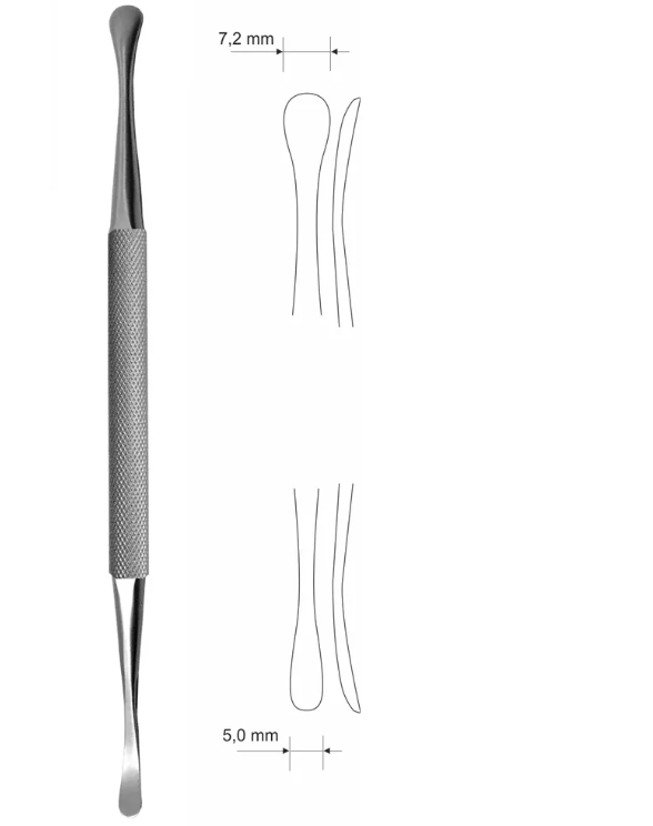 Precyzyjne narzędzie dentystyczne z metalowym uchwytem, końcówkami o szerokości 7,2 mm i 5,0 mm, używane do czyszczenia