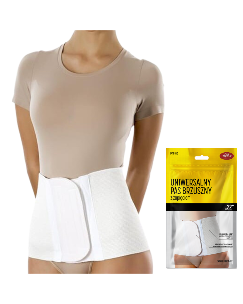Uniwersalny pas brzuszny z zapięciem na rzepy, noszony na talii, w kolorze białym, na modelce.