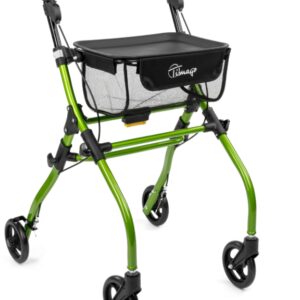 Lekki, składany chodzik z czterema kółkami, czarnym koszykiem i zieloną ramą, przeznaczony dla osób starszych lub niepe