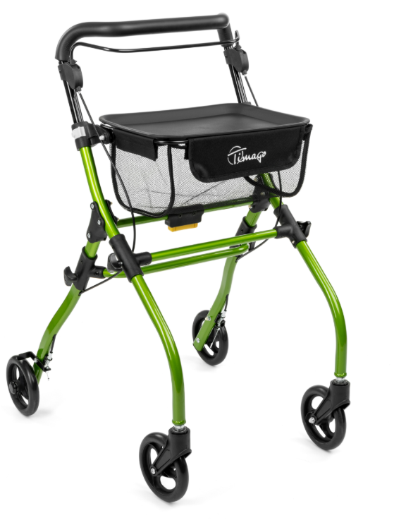Lekki, składany chodzik z czterema kółkami, czarnym koszykiem i zieloną ramą, przeznaczony dla osób starszych lub niepe
