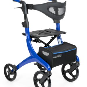 Lekki, składany chodzik dziecięcy z czterema kołami, czarnym koszykiem na akcesoria i regulowanym oparciem.