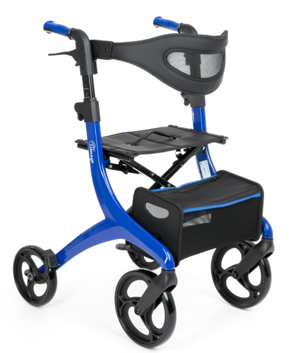 Lekki, składany chodzik dziecięcy z czterema kołami, czarnym koszykiem na akcesoria i regulowanym oparciem.