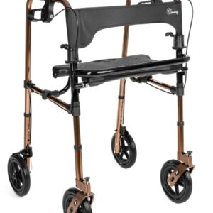 Lekki, składany chodzik z czterema kółkami, czarnym siedziskiem i podparciem na ręce, w kolorze brązowym.