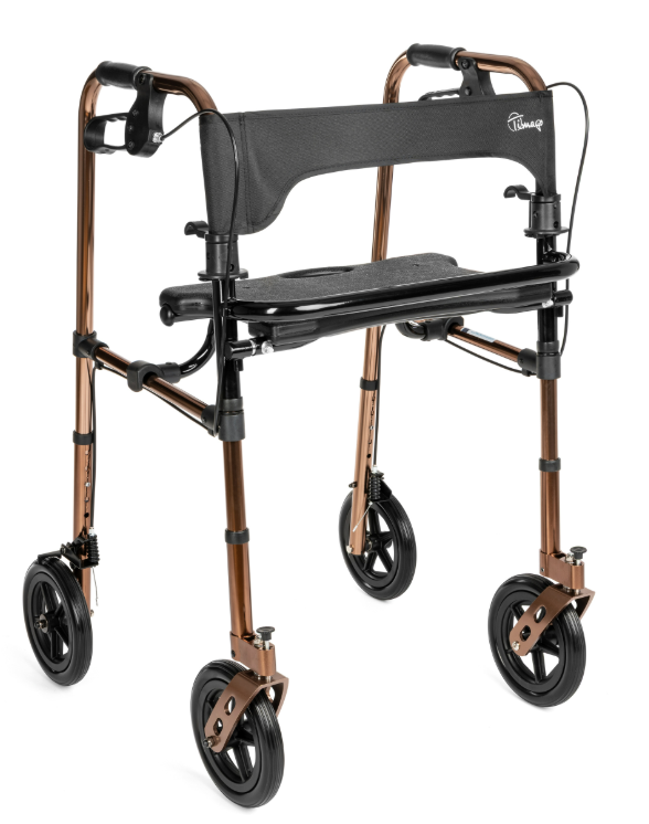 Lekki, składany chodzik z czterema kółkami, czarnym siedziskiem i podparciem na ręce, w kolorze brązowym.