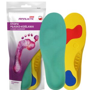 Wkładki ortopedyczne do butów, żelowe, w kolorach żółtym, czerwonym, niebieskim i zielonym, obok opakowania z grafiką