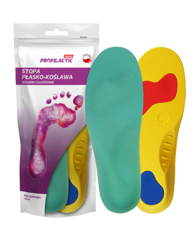 Wkładki ortopedyczne do butów, żelowe, w kolorach żółtym, czerwonym, niebieskim i zielonym, obok opakowania z grafiką