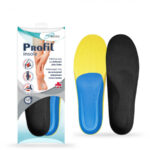 Wkładki ortopedyczne do stabilizacji stopy, żółta i czarna, z opakowaniem z opisem funkcji.