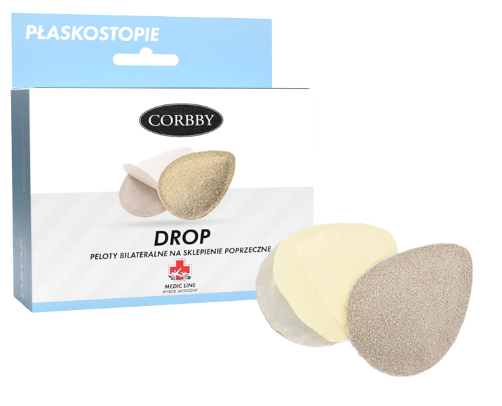 Zestaw dwóch bilateralnych pelot na sklepienie poprzeczne, w opakowaniu marki Corbby, przeznaczony do terapii medycznej.