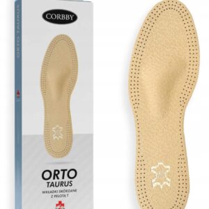 Wkładki skórzane z pianką, w kształcie stopy, z perforacją, obok opakowania z napisem Corbby ORTO TAURUS.