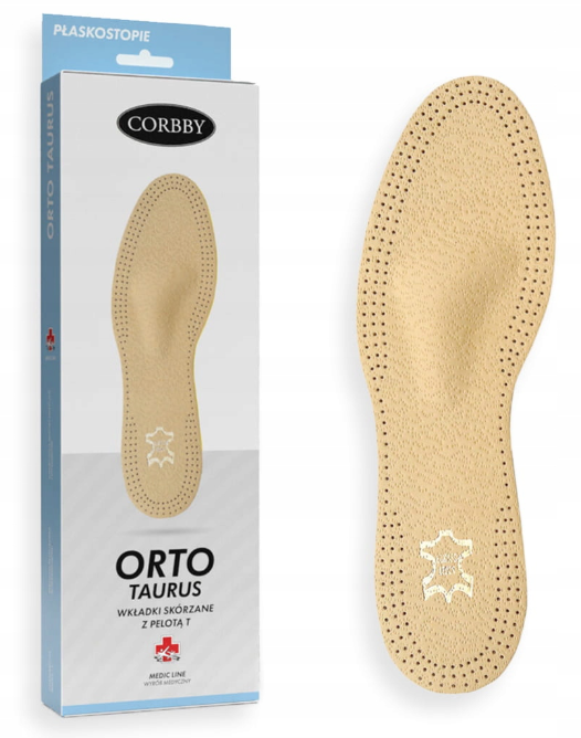 Wkładki skórzane z pianką, w kształcie stopy, z perforacją, obok opakowania z napisem Corbby ORTO TAURUS.