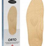 Ortopedyczna wkładka skórzana CORBBY ORTO, wspierająca sklepienie stopy, pokazana obok opakowania.