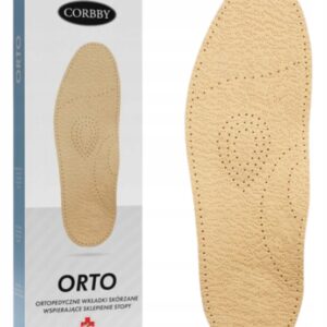 Ortopedyczna wkładka skórzana CORBBY ORTO, wspierająca sklepienie stopy, pokazana obok opakowania.