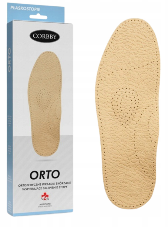 Ortopedyczna wkładka skórzana CORBBY ORTO, wspierająca sklepienie stopy, pokazana obok opakowania.