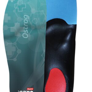 Podeszwa ortopedyczna z wkładką, czarna z czerwonym elementem, i z grafiką medyczną oraz logo iORTO MEDIC.