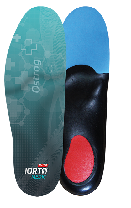 Podeszwa ortopedyczna z wkładką, czarna z czerwonym elementem, i z grafiką medyczną oraz logo iORTO MEDIC.
