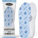 Wkładki do butów sportowych CORBBY SPORTFORM, opakowanie i wkładka z logo Sanitized, w białym i niebieskim kolorze.