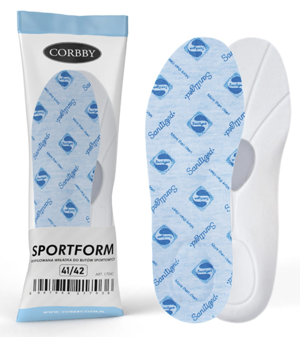Wkładki do butów sportowych CORBBY SPORTFORM, opakowanie i wkładka z logo Sanitized, w białym i niebieskim kolorze.