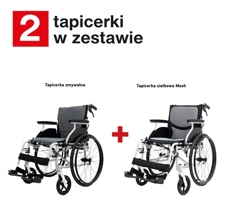 Zestaw dwóch wózków inwalidzkich: z tapicerką zmywalną i siatkową Mesh.