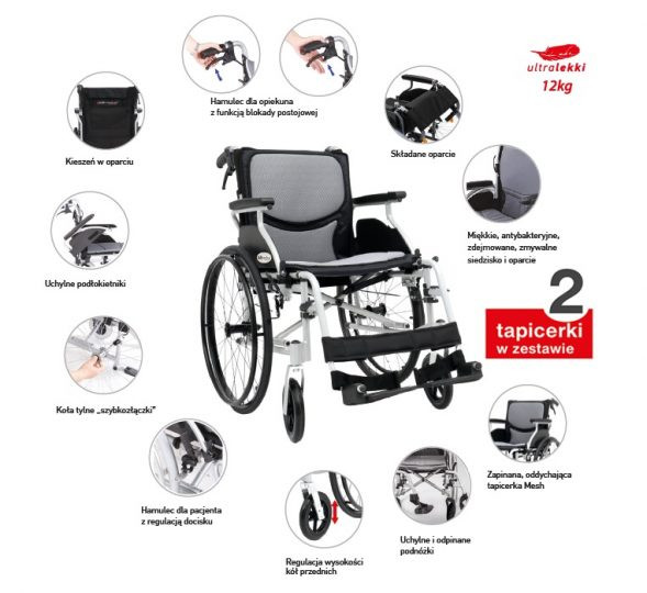 Lekki wózek inwalidzki z regulowanymi podnóżkami, miękkim siedziskiem, składanym oparciem i kieszenią w podporze.