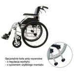 Wózek inwalidzki z regulacją oparcia i systemem szybkiego montażu, z opcjonalnymi kołami anty-wywrotowymi.