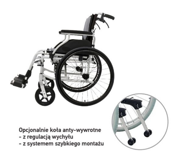 Wózek inwalidzki z regulacją oparcia i systemem szybkiego montażu, z opcjonalnymi kołami anty-wywrotowymi.