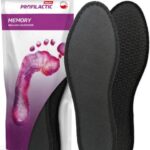 Wkładki do butów Memory, czarne, z miękką podeszwą, obok opakowania z logo i grafiką stopy.