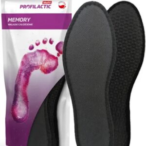 Wkładki do butów Memory, czarne, z miękką podeszwą, obok opakowania z logo i grafiką stopy.