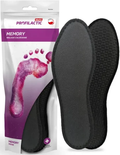 Wkładki do butów Memory, czarne, z miękką podeszwą, obok opakowania z logo i grafiką stopy.