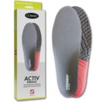 Wkładka do butów sportowych CORBBY ACTIV INSOLE, szara z różowym spodem, na tle opakowania.