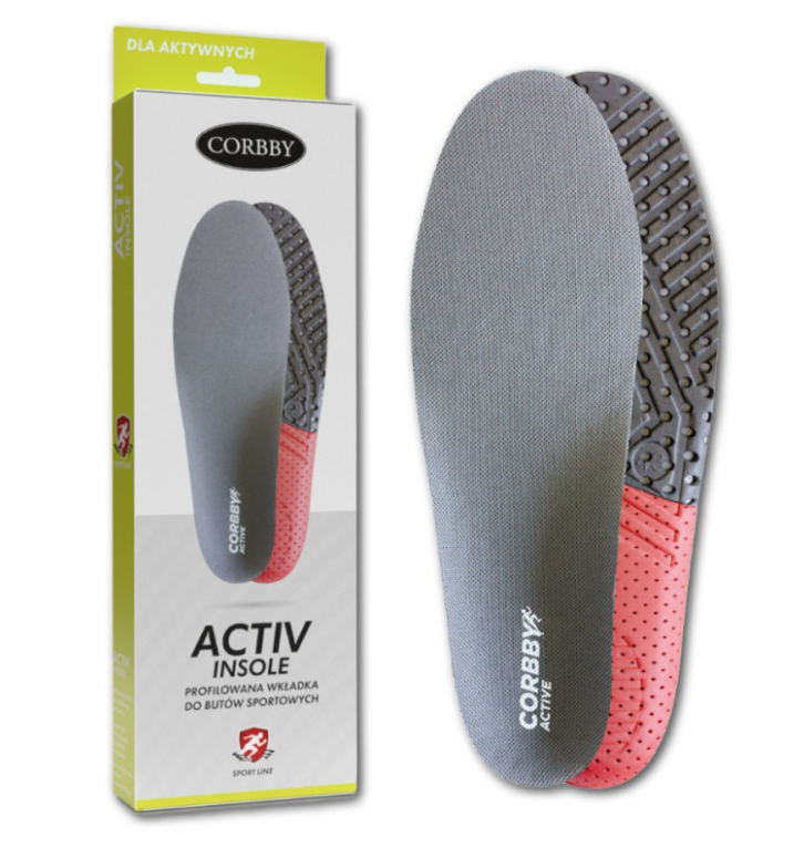 Wkładka do butów sportowych CORBBY ACTIV INSOLE, szara z różowym spodem, na tle opakowania.